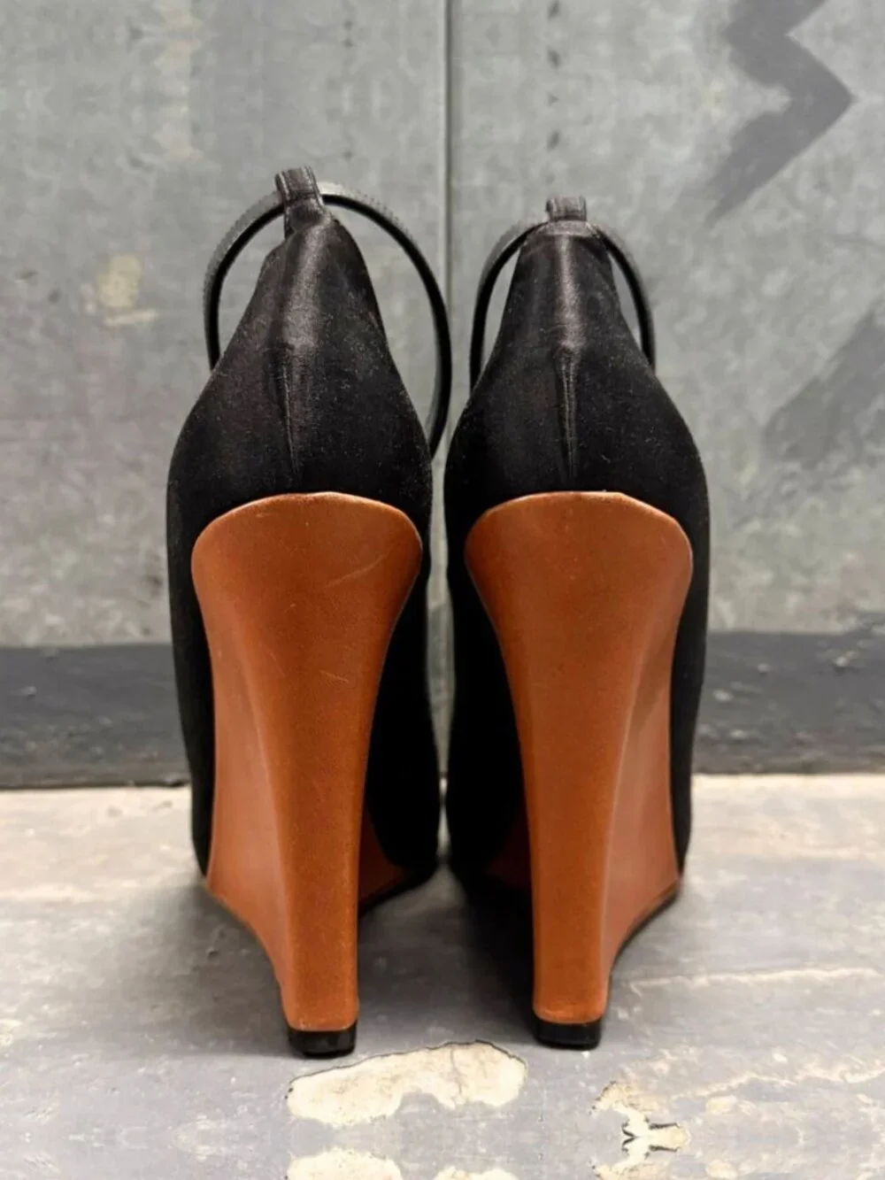 CELINE PHOEBE PHILO ERA BLACK SATIN WEDGE ANKLE STRAP SHOES